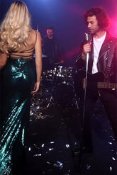 Sexy Long Dark Green One Shoulder Sequined Sleeveless Prom Dress With Slit